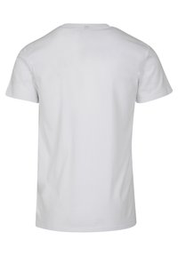 Hvid kortærmet t-shirt med en klassisk rund hals, glat bomuldsstruktur og en ubrudt ryg uden logoer eller mønstre.