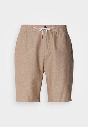 Beige Leinen-Shorts mit Tunnelzugbund, Fronttaschen und lockerem Schnitt. Das strukturierte Gewebe sorgt für Komfort und Atmungsaktivität.