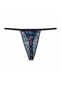 Schwarzer Tanga mit einem bunten Blattmuster in Blau, Pink und Lila. Hergestellt aus durchsichtigem Stoff mit dünnen elastischen Trägern und Logodetails.