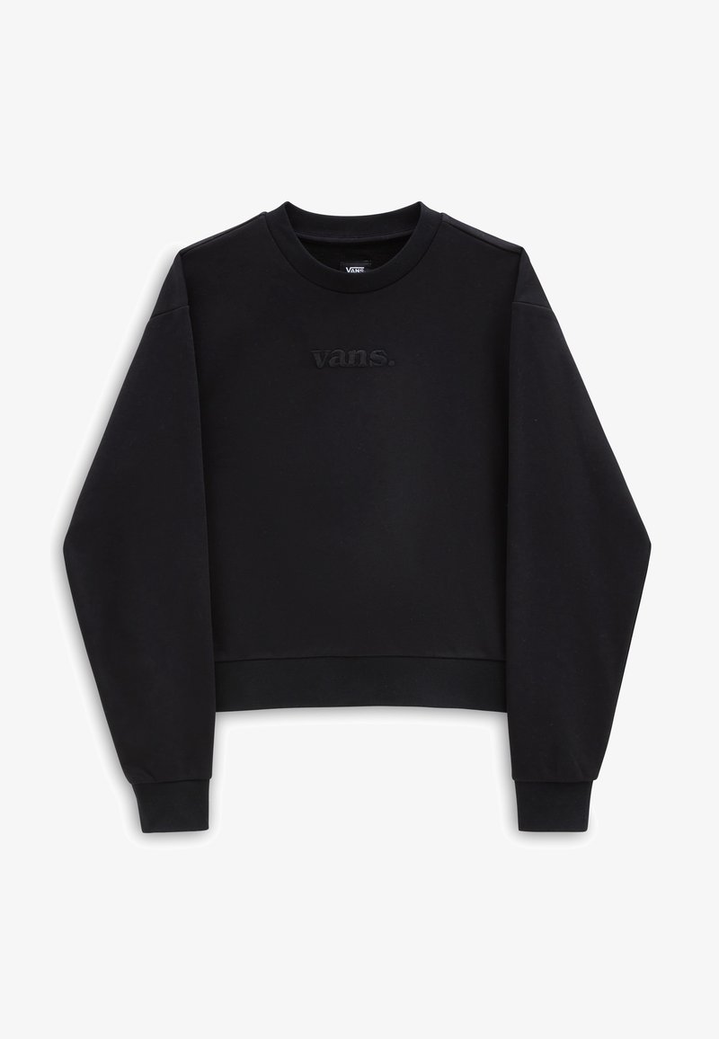 Sweat-shirt noir à manches longues avec col rond, logo "vans." discrètement embossé sur la poitrine, poignets et ourlet côtelés.