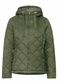 Vihreä, huovutettu, toppatakki hupulla, jossa on kiristysnyörit, vetoketjulliset taskut ja sileä pinta. Mukana hopeanväriset metalliosat.