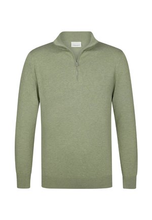 Lichtgroene trui van zachte stof met een kraag met een ritssluiting tot een kwart en geribbelde boorden en zoom, met een gladde textuur.