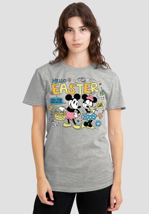 Gray cotton t-shirt featuring cartoon characters Mickey and Minnie Mouse, colorful "Hello Easter" text, and Easter-themed graphics.