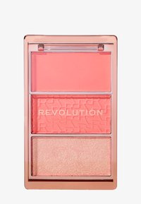 Paleta de rubor con tres secciones: crema rosa claro, polvo coral mate y iluminador melocotón brillante. Estuche transparente con acentos en dorado rosado.