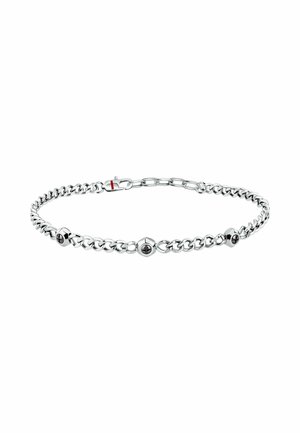 Bracciale in argento con elementi rotondi neri alternati, maglie eleganti e una chiusura sicura, che presenta una superficie metallica lucida.