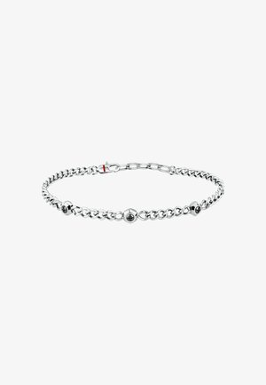 Bracciale in argento con elementi rotondi neri alternati, maglie eleganti e una chiusura sicura, che presenta una superficie metallica lucida.