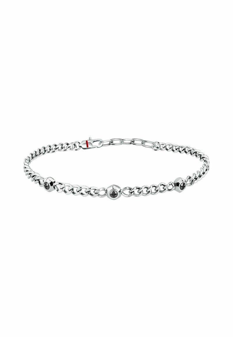 Bracciale in argento con elementi rotondi neri alternati, maglie eleganti e una chiusura sicura, che presenta una superficie metallica lucida.