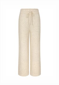 Cremfarbene, weit geschnittene Hose aus weichem Strickmaterial; verfügt über einen gerippten Bund mit Kordelzug und einer strukturierten Oberfläche.