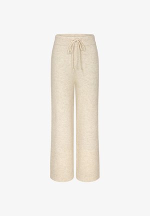 Kremowe spodnie w szerokim kroju wykonane z miękkiego dzianinowego materiału; posiadają żebrowany pas z troczkiem i teksturowane wykończenie.