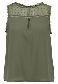 Blouse sans manches vert olive avec un devant en tulle à pois, un décolleté en trou de serrure et une bordure ornée de perles. Texture de tissu lisse.