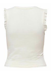 Vit ärmlös topp med spetsdetaljer på axlarna, figurnära design och en slät textur. Enkel, minimalistisk stil utan utsmyckningar.