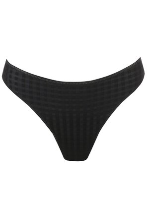String de maillot de bain noir avec un motif en damier texturé, des bretelles fines et une taille élastique lisse. Tissu doux offrant un port confortable.