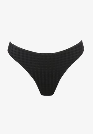 String de maillot de bain noir avec un motif en damier texturé, des bretelles fines et une taille élastique lisse. Tissu doux offrant un port confortable.