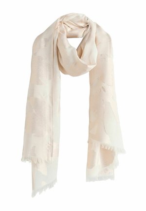 Light beige scarf with subtle floral patterns, lightweight fabric, and fringed edges, draped in a loose loop.