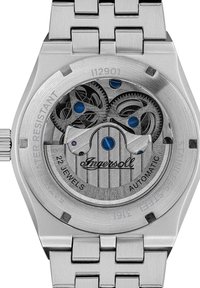 Automatisch uurwerk met een roestvrijstalen kast, zilveren tandwielen met blauwe accenten, gegraveerd merk en een gestructureerde zilveren armband. Waterdicht ontwerp.