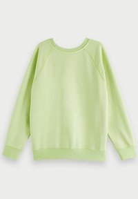 Lichtgroene trui met lange mouwen en ronde hals, geribbelde boorden aan de mouwen en zoom, weergegeven op een witte achtergrond.