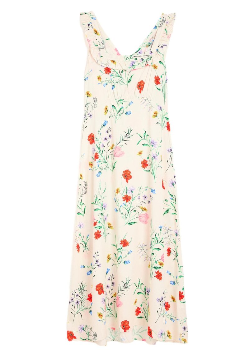 Kwiecista sukienka midi z dekoltem w kształcie litery V, wykończona falbaną, na jasnobeżowym tle. Zdobiona kolorowymi kwiatami w odcieniach czerwieni, różu i niebieskiego. Gładki materiał.
