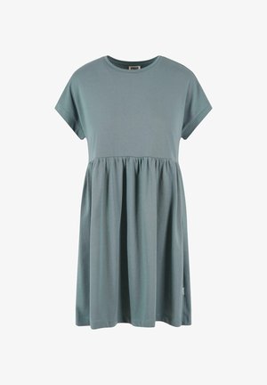 Lyhythihainen mekko hillityn teal-värisenä, valmistettu pehmeästä kankaasta. Mekossa on slim-fit yläosa, kerätty vyötärö ja ilmava hame.