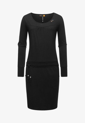 Zwarte jurk van zachte stof, met lange mouwen, een ronde halslijn, gathers bij de borst en een verstelbare koord taille met metalen accenten.