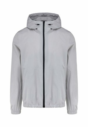 Lichtgrijze capuchonjas met een volledige zwarte ritssluiting aan de voorkant, elastische manchetten en tailleband, getoond op een witte achtergrond.