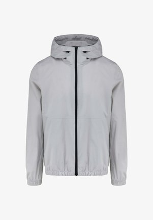 Giacca con cappuccio grigio chiaro con cerniera frontale nera completa, polsini elastici e fascia in vita, mostrata su sfondo bianco.