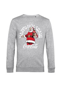 Felpa grigia con un'illustrazione vintage di Babbo Natale che tiene una bottiglia di Coca-Cola, con la scritta "Felici Feste" in bianco.