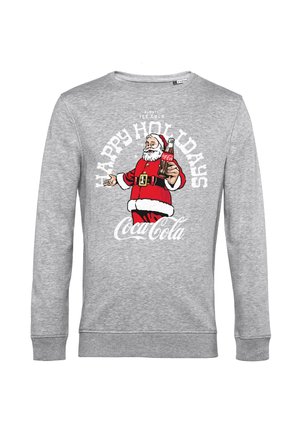 Grauer Pullover mit einer vintage Santa Claus Illustration, die eine Coca-Cola Flasche hält, und dem Text "Frohe Feiertage" in Weiß.
