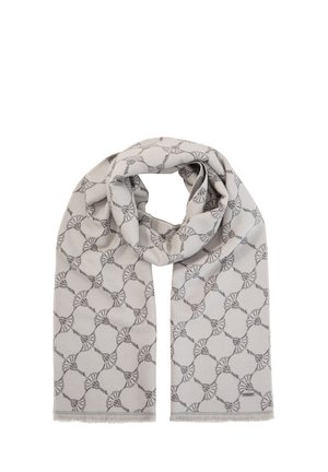 Light gray scarf with a repeating geometric pattern of dark rope-like circles and fringed edges, folded in a loop.