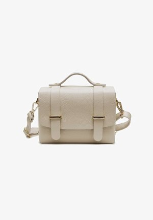 Petit sac besace en cuir beige texturé avec poignée supérieure, deux sangles avant et une bandoulière réglable avec quincaillerie dorée.