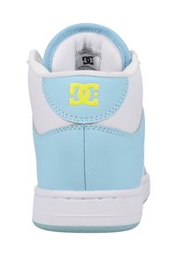 High-top sneaker in white and light blue leather, featuring a yellow DC logo on the heel, white midsole, and contrasting stitching detail.
