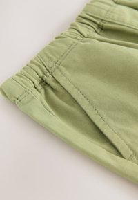 Shorts en tissu vert clair avec taille froncée et détails cousus. Texture douce, avec une finition lisse et sans motifs apparents.