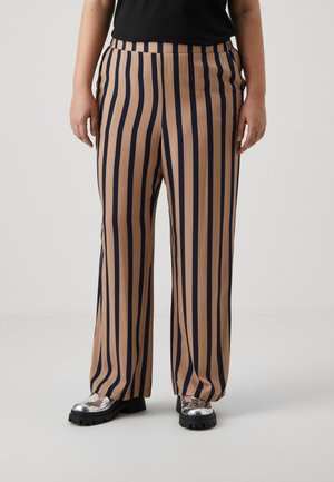 Helle und marine gestreifte High-Waist-Hose mit weitem Bein, aus glattem Material und mit einem gemusterten Design. Merkmale sind ein hoher Bund und seitliche Bindebänder.