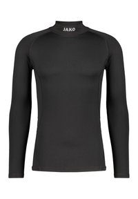 Langärmliges, schwarzes Sportshirt aus dehnbarem Material mit hohem Kragen, flachen Nähten und dem "JAKO"-Logo auf der Vorderseite.