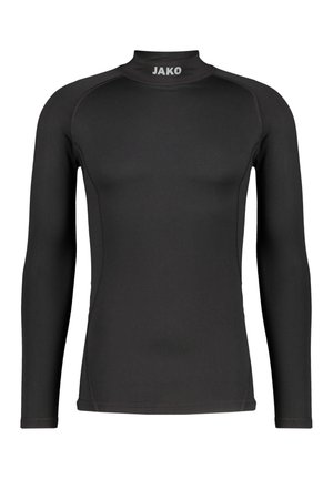 Langärmliges, schwarzes Sportshirt aus dehnbarem Material mit hohem Kragen, flachen Nähten und dem "JAKO"-Logo auf der Vorderseite.