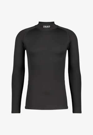 Langärmliges, schwarzes Sportshirt aus dehnbarem Material mit hohem Kragen, flachen Nähten und dem "JAKO"-Logo auf der Vorderseite.