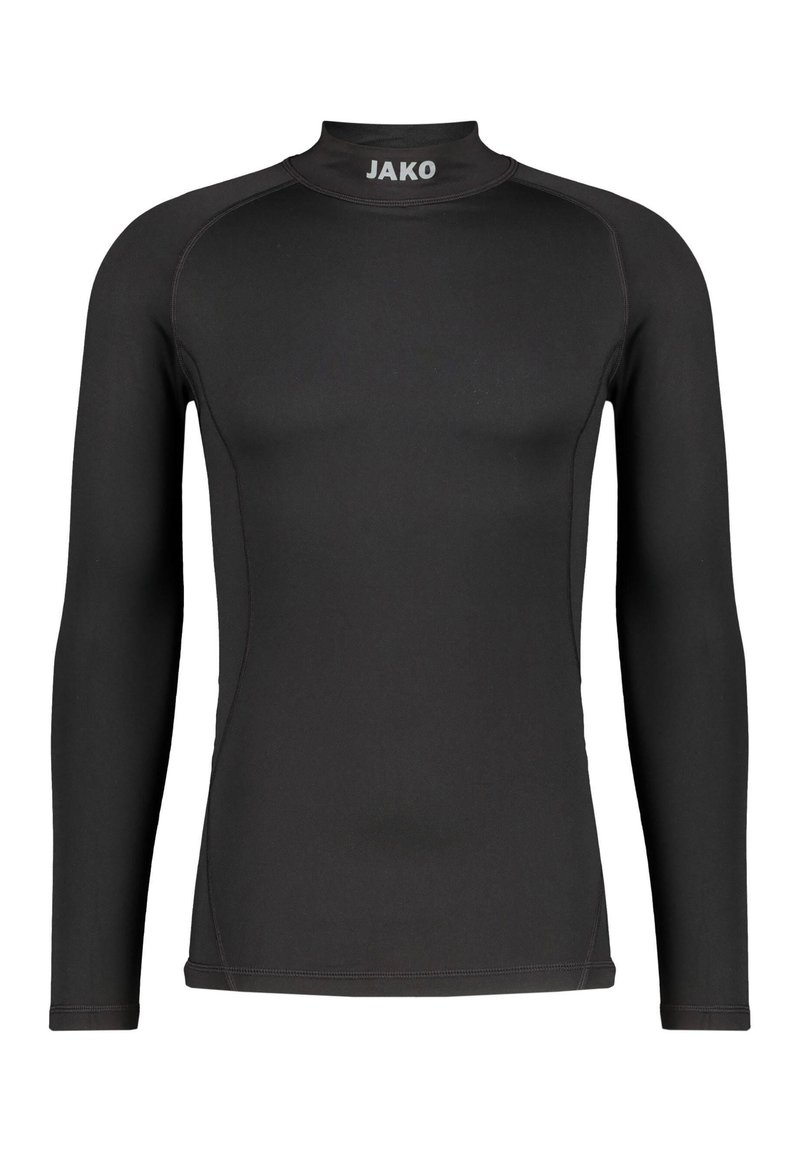 Langärmliges, schwarzes Sportshirt aus dehnbarem Material mit hohem Kragen, flachen Nähten und dem "JAKO"-Logo auf der Vorderseite.