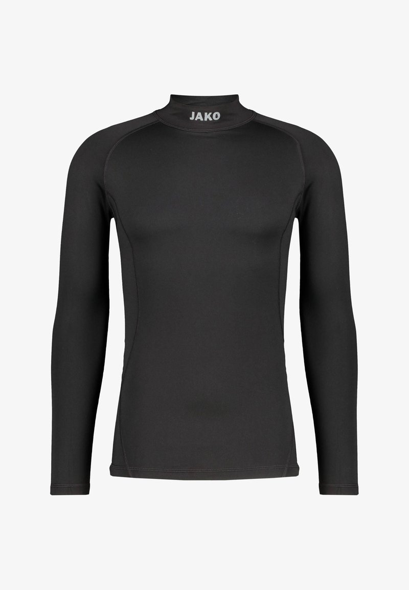 Langärmliges, schwarzes Sportshirt aus dehnbarem Material mit hohem Kragen, flachen Nähten und dem "JAKO"-Logo auf der Vorderseite.