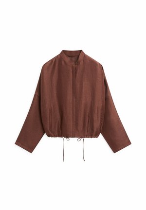 Veste marron à manches longues avec col montant, fermeture éclair avant dissimulée, poches latérales et ourlet réglable avec cordon de serrage.