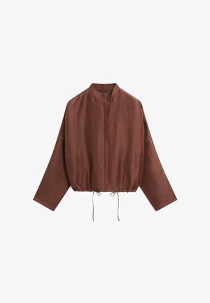 Braune Langarmjacke mit Stehkragen, verdecktem Frontreißverschluss, Seitentaschen und verstellbarem Kordelzug am Saum.