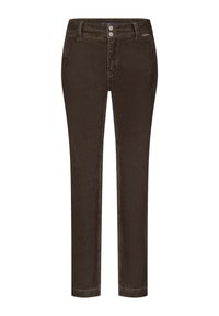 Brune corduroy bukser med lige pasform, der har knaplukning, fem-lomme design og lodret ribbet tekstur.