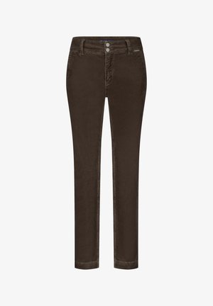 Brune corduroy bukser med lige pasform, der har knaplukning, fem-lomme design og lodret ribbet tekstur.