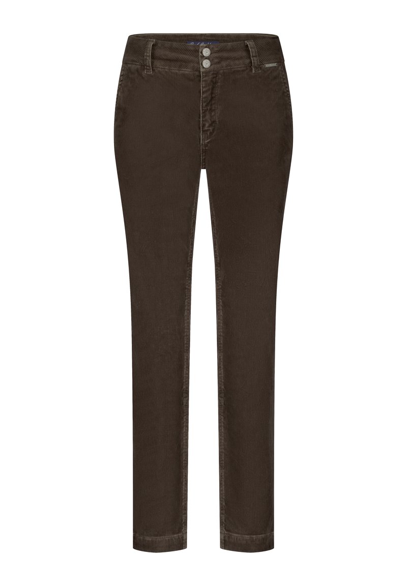 Brune corduroy bukser med lige pasform, der har knaplukning, fem-lomme design og lodret ribbet tekstur.