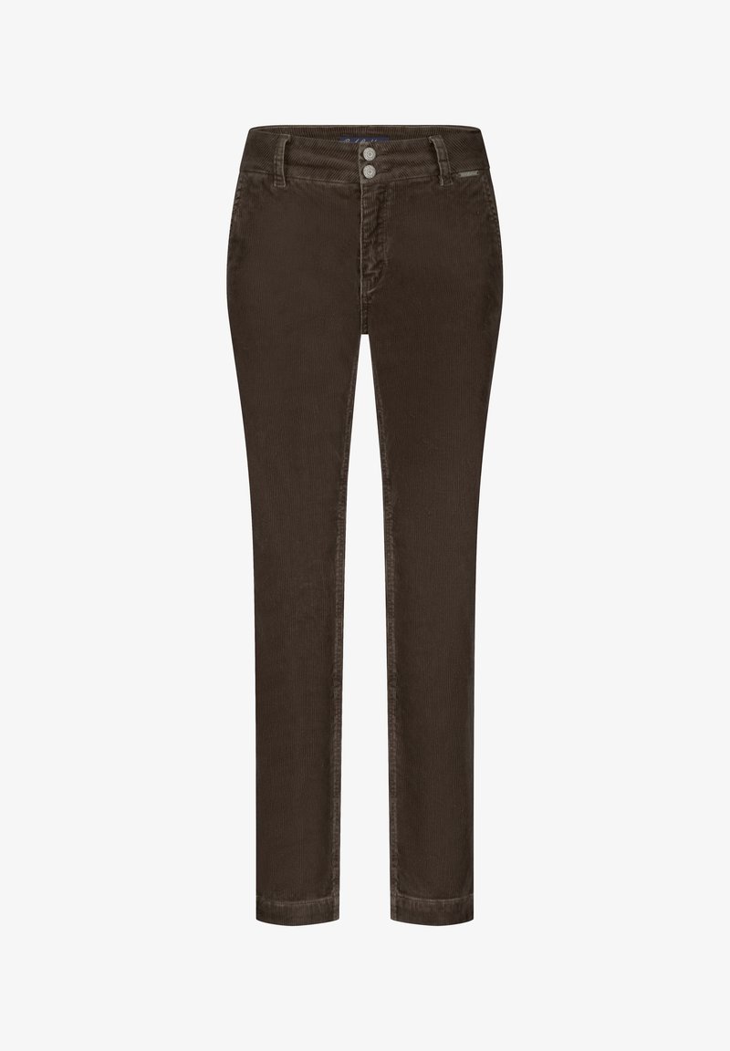 Brune corduroy bukser med lige pasform, der har knaplukning, fem-lomme design og lodret ribbet tekstur.