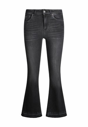Mustad denimit, flared lõikega, keskmise kõrgusega vöökoht, viie taskuga ja nupuluku. Pehme tekstuur kerge fade'i ja õmblusdetailidega.