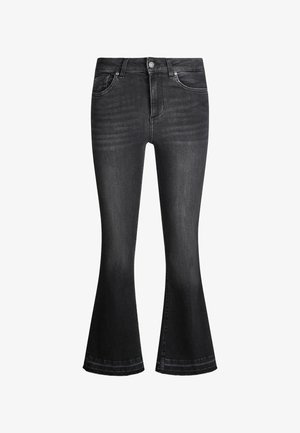 Black denim flared jeans with a mid-rise waist, featuring five pockets and a button closure. Soft texture with subtle fading and stitching details.