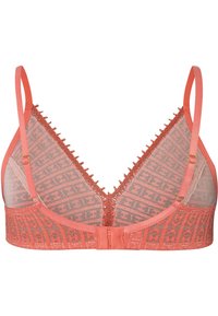 Koraal kleurige bralette met doorschijnende meshpanelen, geometrische patronen, kantafwerking, verstelbare banden en goudkleurige hardware op de achtersluiting.