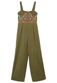 Olivgrön jumpsuit med vida ben, broderat färgglatt mönster upptill, knäppning fram och justerbara axelband.