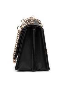 Borsa nera testurizzata con un design strutturato, dotata di una tracolla in oro e molteplici scomparti per l'organizzazione.