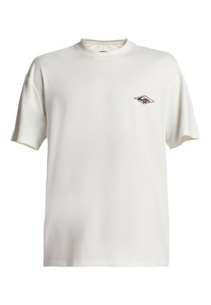 White short-sleeve t-shirt made of smooth fabric, featuring a small, colorful diamond-shaped logo on the chest. Relaxed fit.