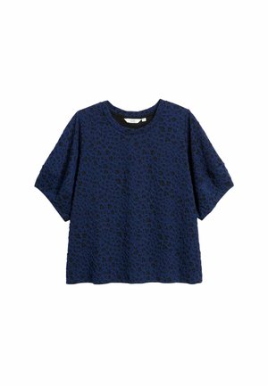 Marineblauw T-shirt met korte mouwen en een gestructureerd, pattered ontwerp. Rond de hals en een relaxed fit. Zachte stof met een lichte stretch.